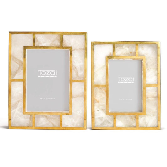 White quartz stone picture frame with brass trim