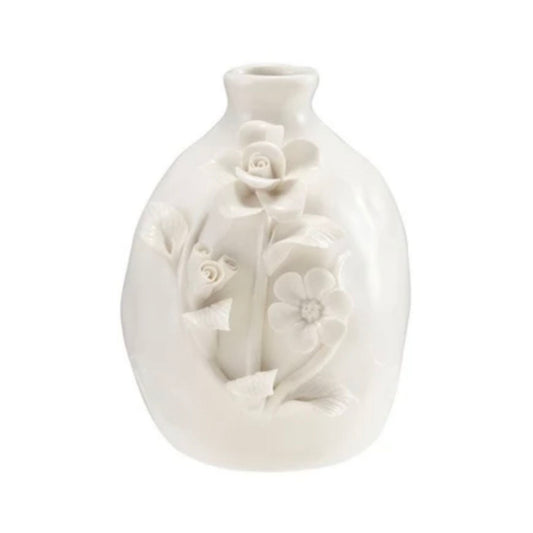 3D white stoneware vase with raised floral motifs