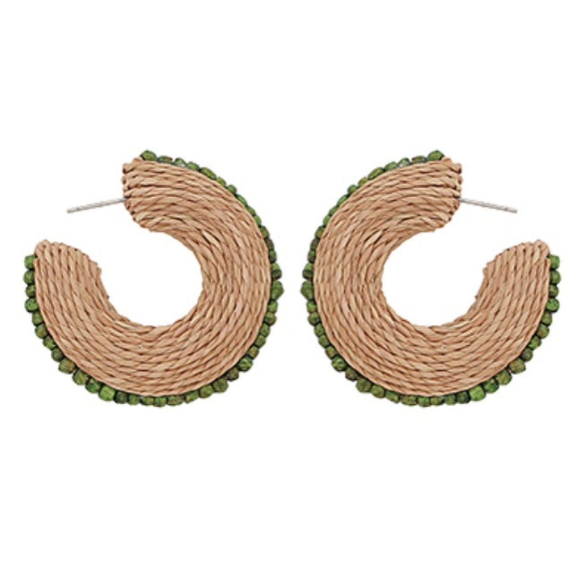 Wood Bead & Raffia Hoops, hoop earrings wrapped in natural raffia with wood bead accents