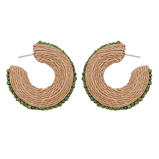 Wood Bead & Raffia Hoops, hoop earrings wrapped in natural raffia with wood bead accents