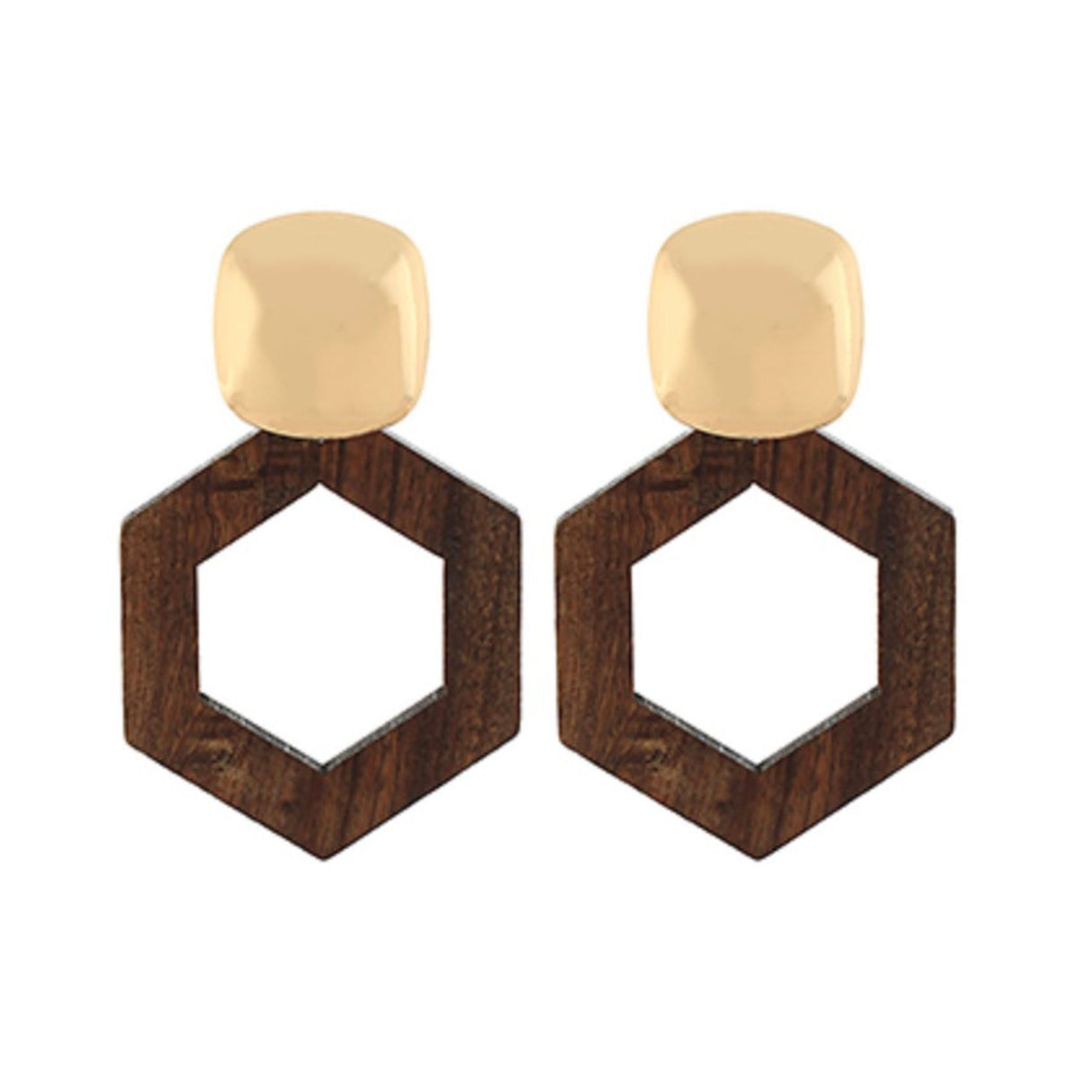 Hexagon Dangle Earrings, wood hexagon outline on gold stud