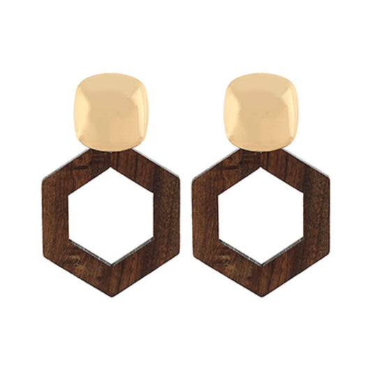 Hexagon Dangle Earrings, wood hexagon outline on gold stud