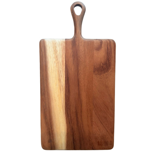 Acacia wood cutting board with two-tone finish and cutout handle