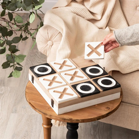 Tabletop tic-tac-toe game set with wood game tiles