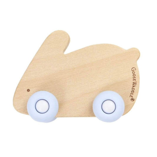 Wooden Animal Teether with Wheels in Blue Bunny