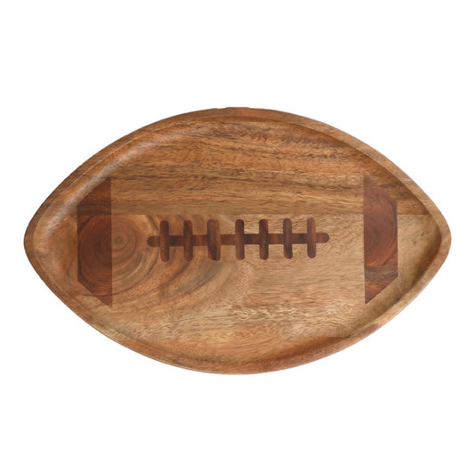 Acacia wood football serving board with etched stitching design
