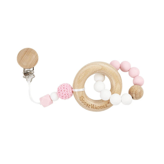 Wooden & Silicone Teether with Clasp in pink