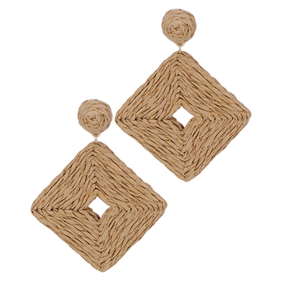 Wrapped Raffia Square Earrings in brown raffia