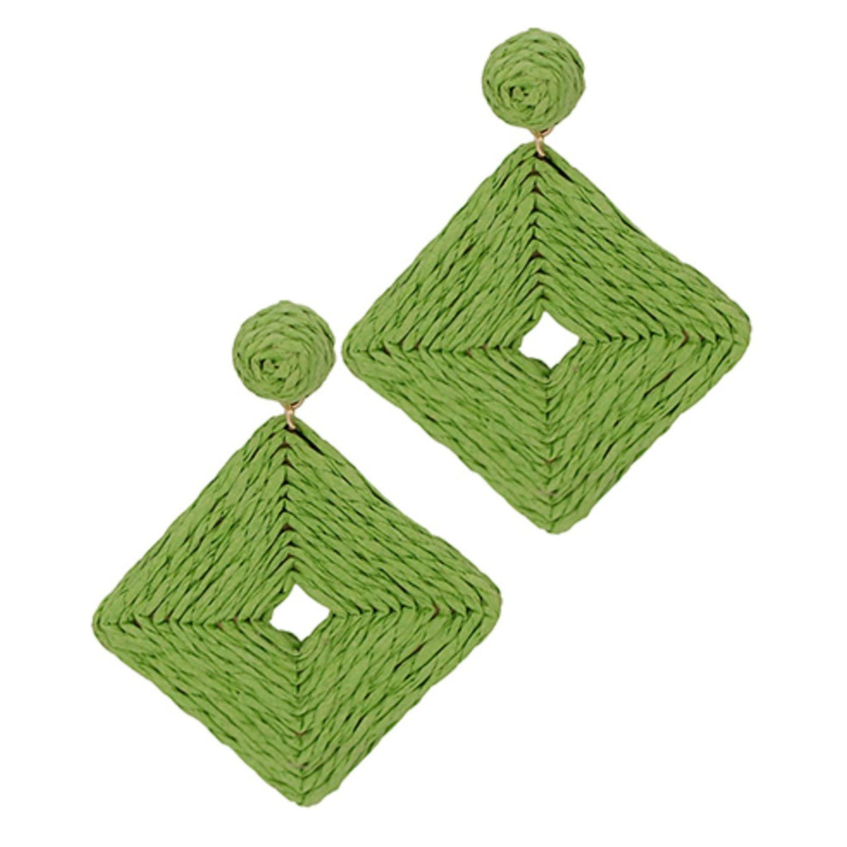Wrapped Raffia Square Earrings in olive green raffia