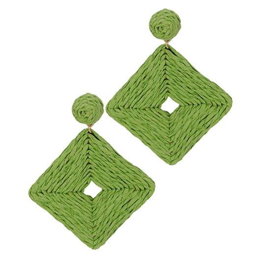 Wrapped Raffia Square Earrings in olive green raffia