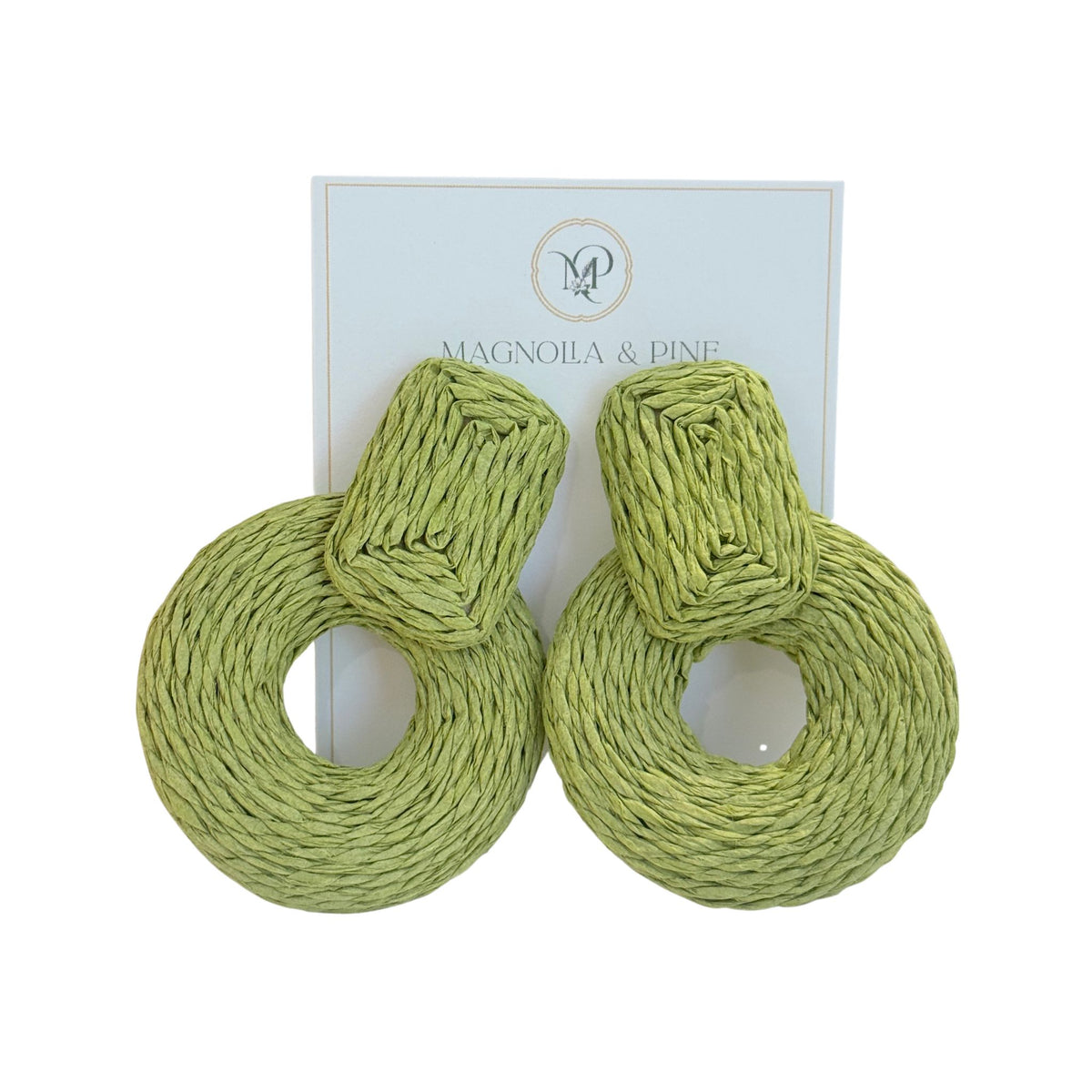 Wrapped Raffia Door Knocker Earrings in olive raffia