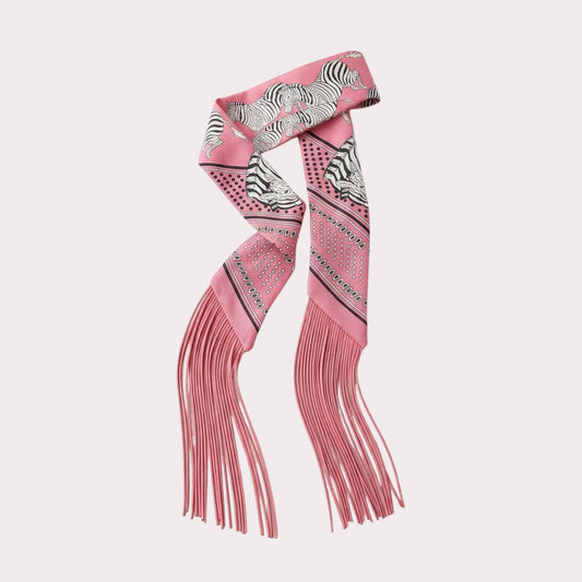 Zebra print twilly scarf tied on a handbag handle
