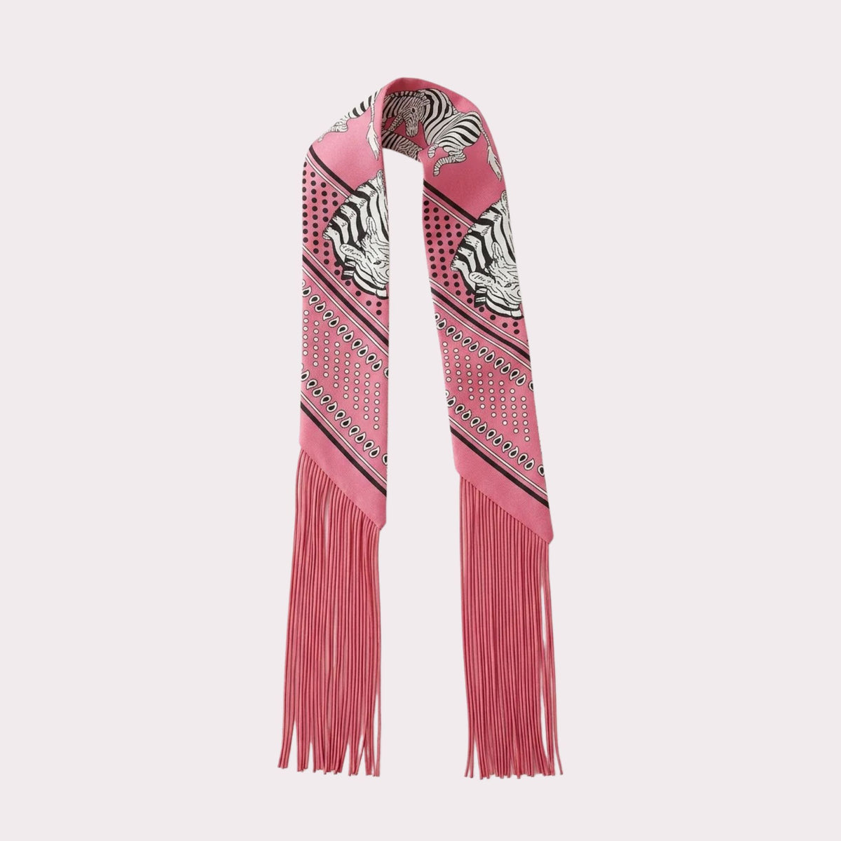 Zebra print twilly scarf, close-up of fringed edge