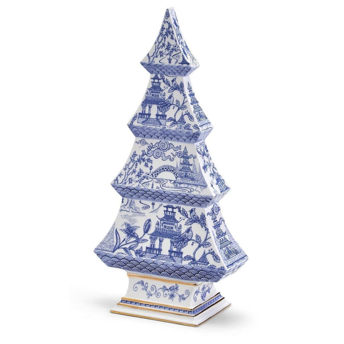 A blue and white chinoiserie-pattern ceramic Christmas tree with pagoda, floral, and bird motifs, set on a gold-trimmed base.