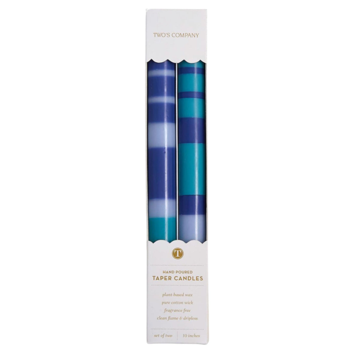 A boxed set of two navy and teal striped taper candles, 10 inches tall, labeled Hand Poured Taper Candles
