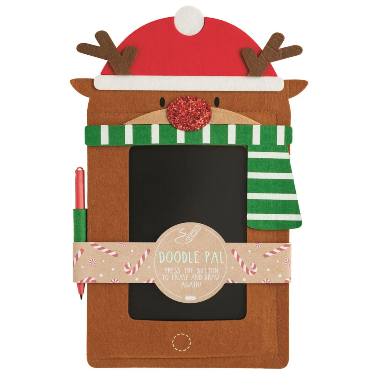 A brown felt reindeer-shaped doodle pad with a black LCD drawing screen, a red glitter nose, green scarf, and an attached red stylus pen.
