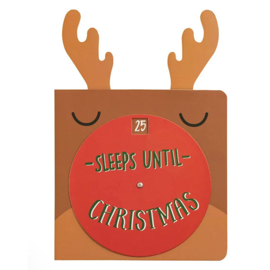 A brown reindeer-face Christmas countdown book cover with a spinning dial reading '25 Sleeps Until Christmas.'