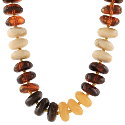 A chunky beaded necklace in cream, amber, and tortoise-brown tones.