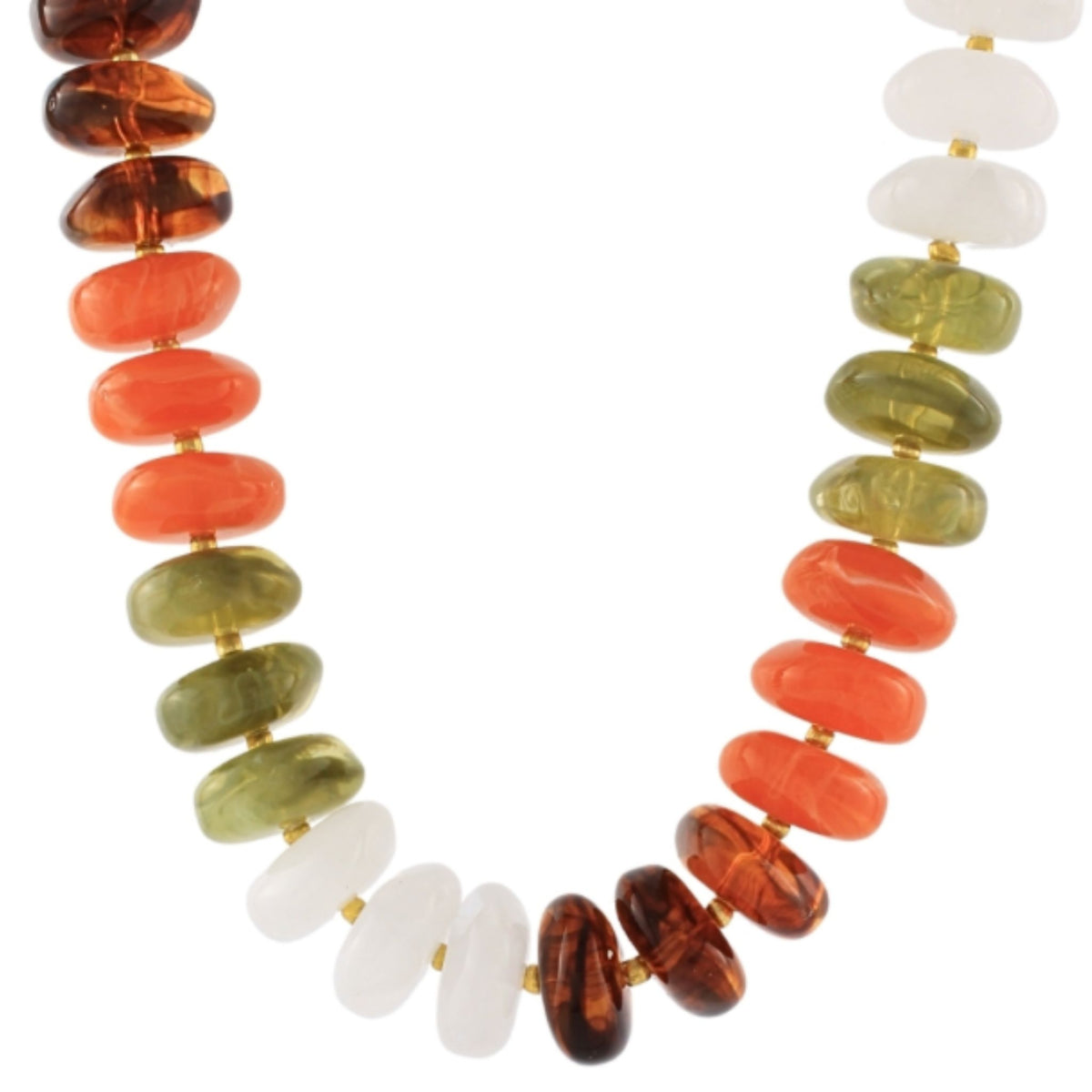 A chunky beaded necklace in white, amber, orange, and olive-green tones.