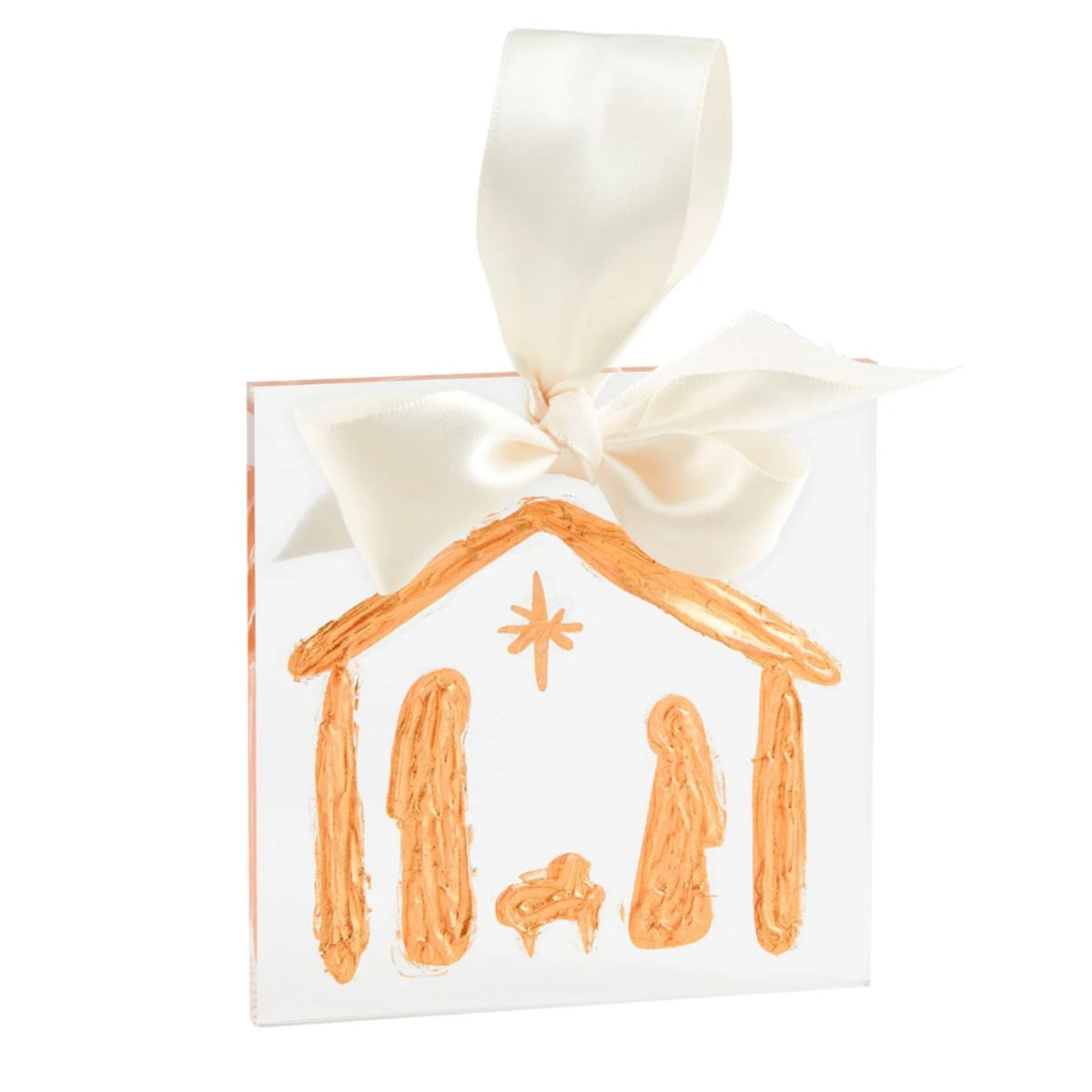 A clear acrylic ornament hand-painted in gold with a nativity scene of Mary, Joseph, and baby Jesus under a star, tied with a cream satin ribbon.