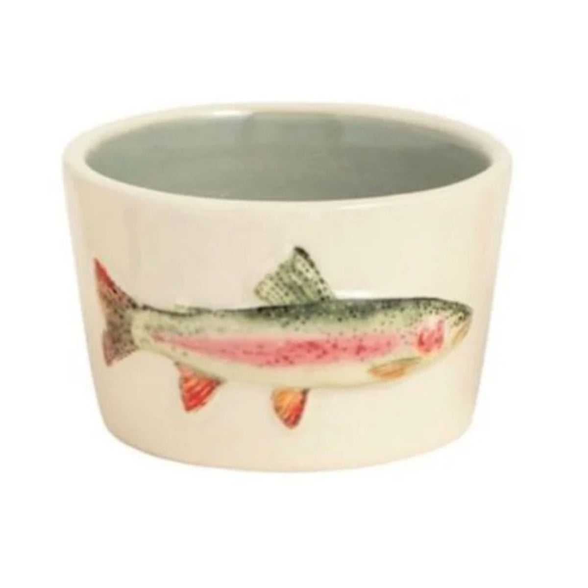 A cream stoneware bowl with a sage-green interior and a hand-painted rainbow trout on the outside.