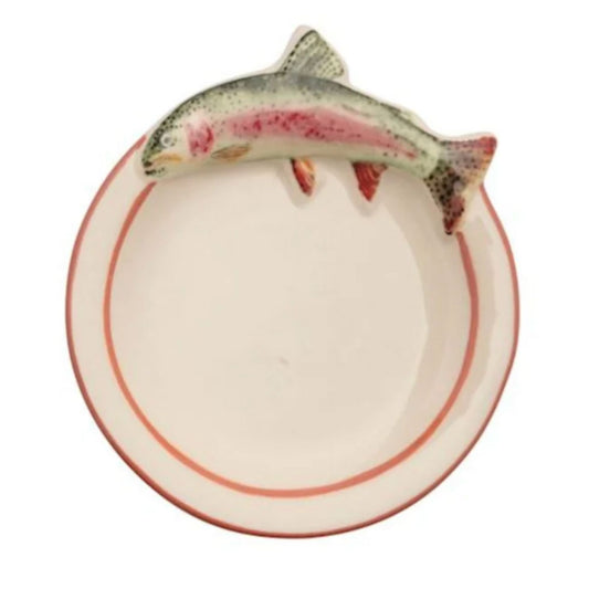 A cream stoneware trinket dish with a coral rim and a hand-painted pink rainbow trout perched on the edge.