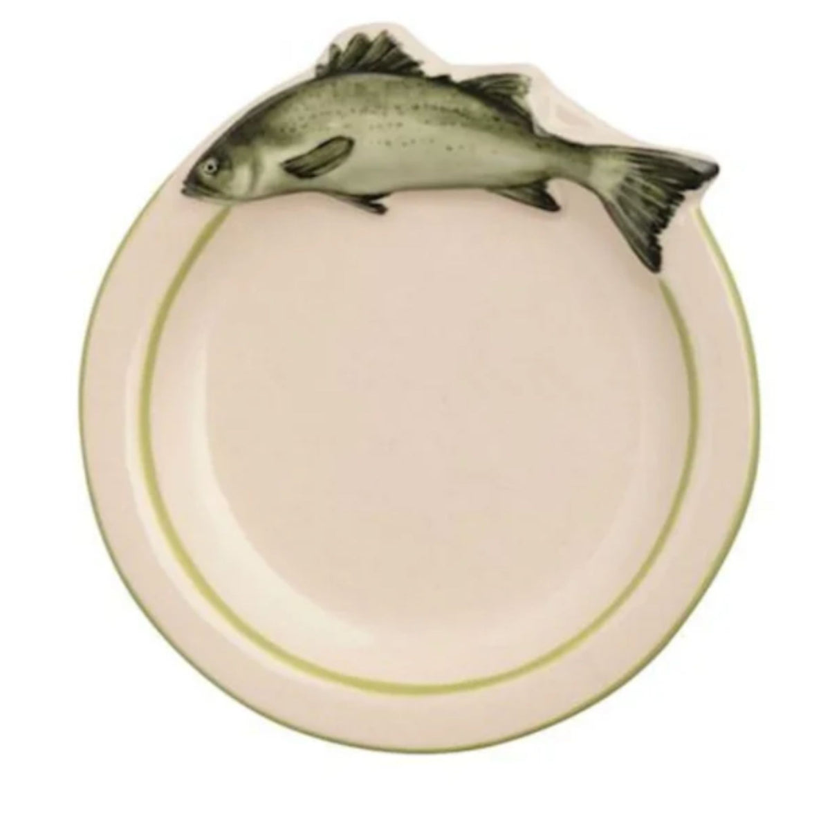 A cream stoneware trinket dish with a green rim and a hand-painted green fish perched on the edge.