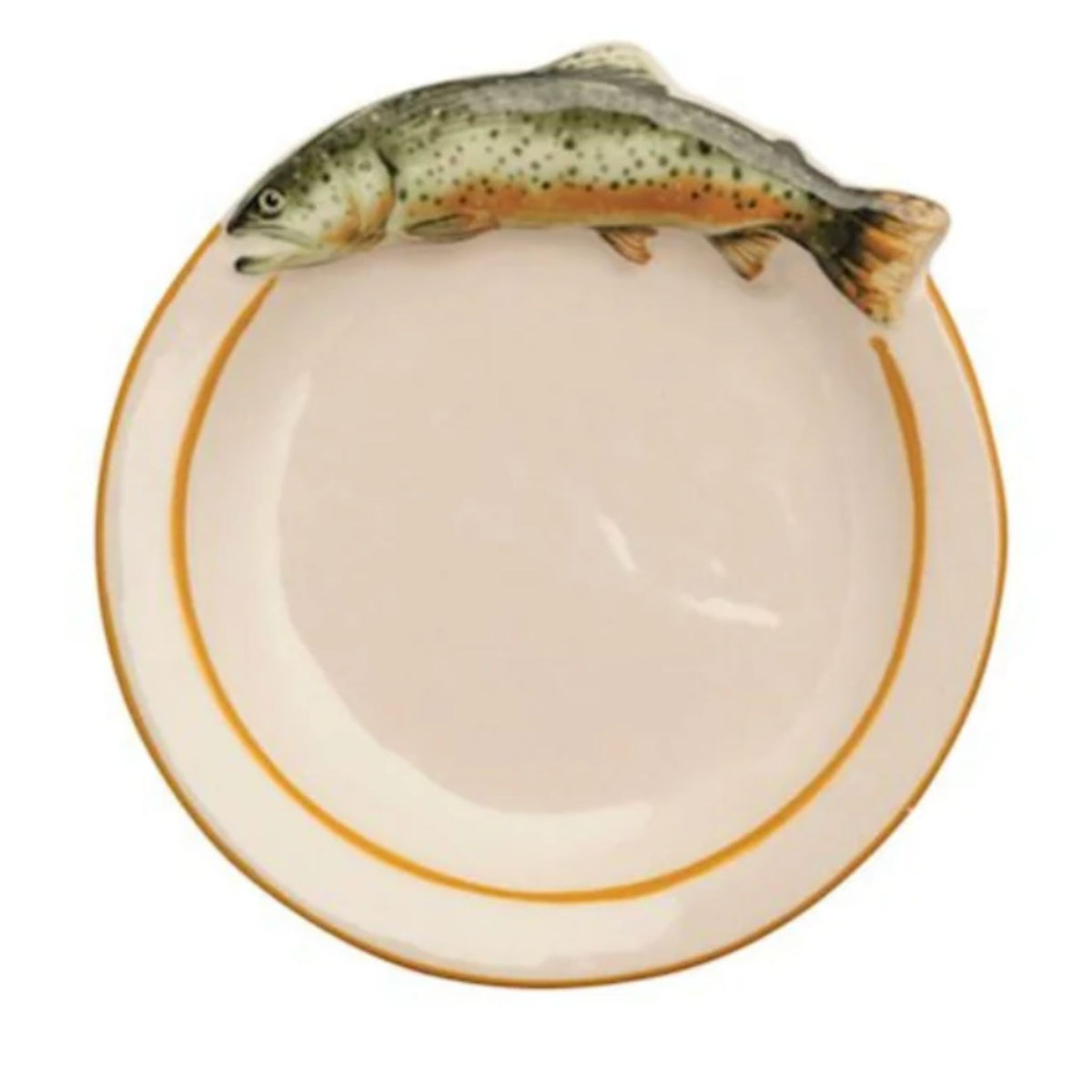 A cream stoneware trinket dish with a mustard rim and a hand-painted brown trout with an orange belly perched on the edge.