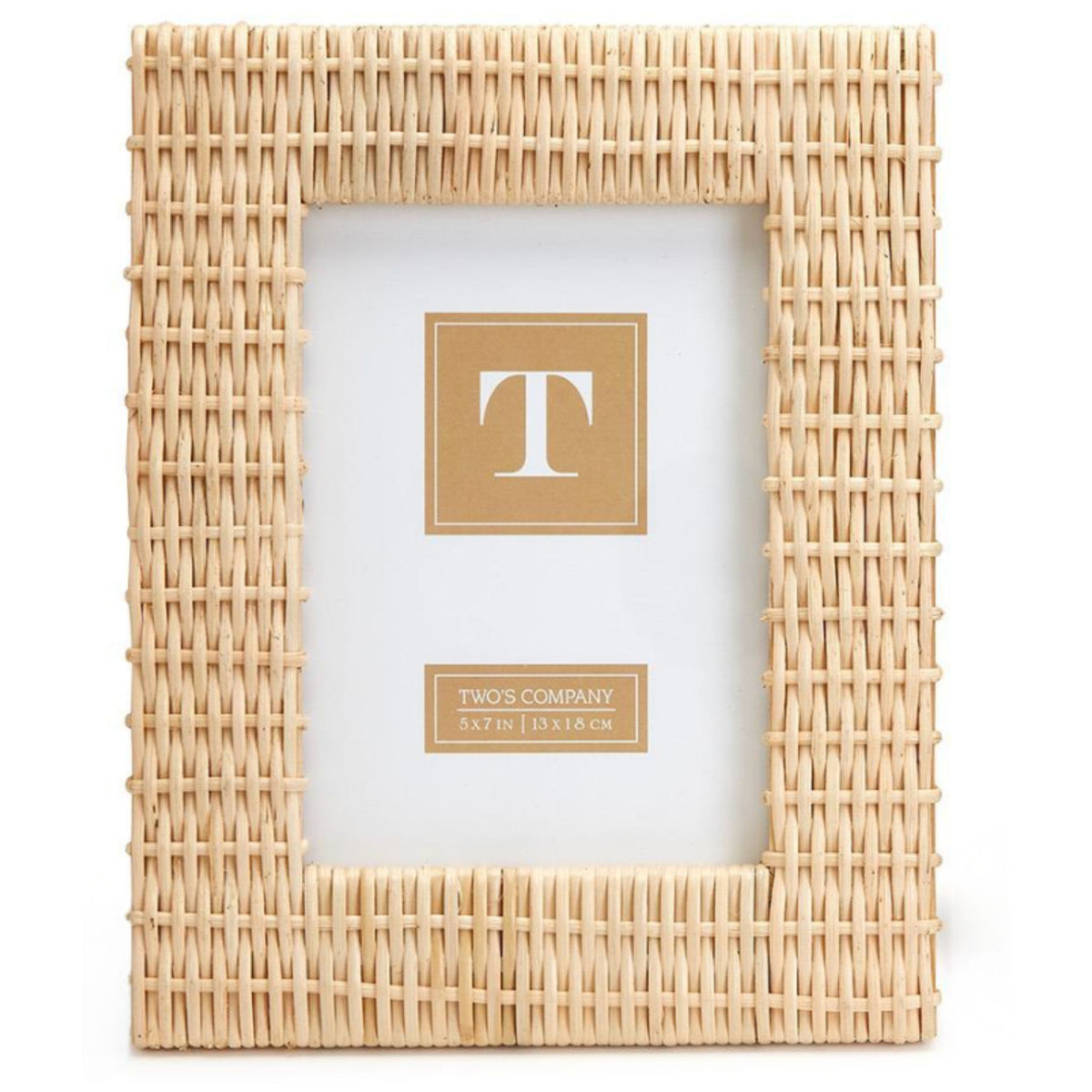 A criss-cross woven rattan photo frame in a natural finish and smaller size, shown front-facing with a blank white insert.