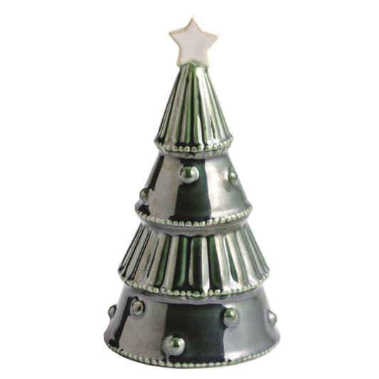 A dark green ceramic Christmas tree with ribbed tiers, beaded trim, and a cream star on top.