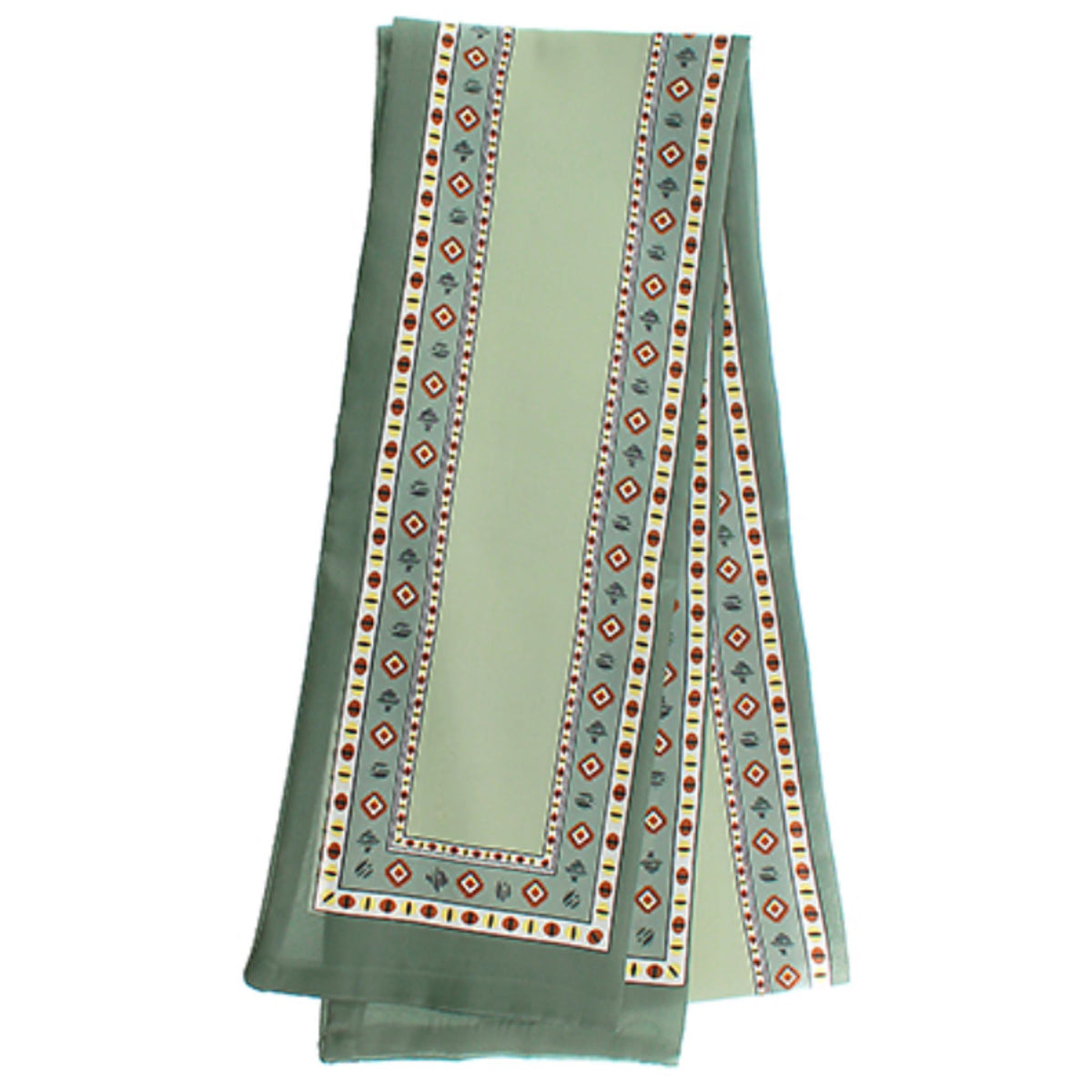 A folded olive green skinny scarf with a multicolor geometric diamond border print.