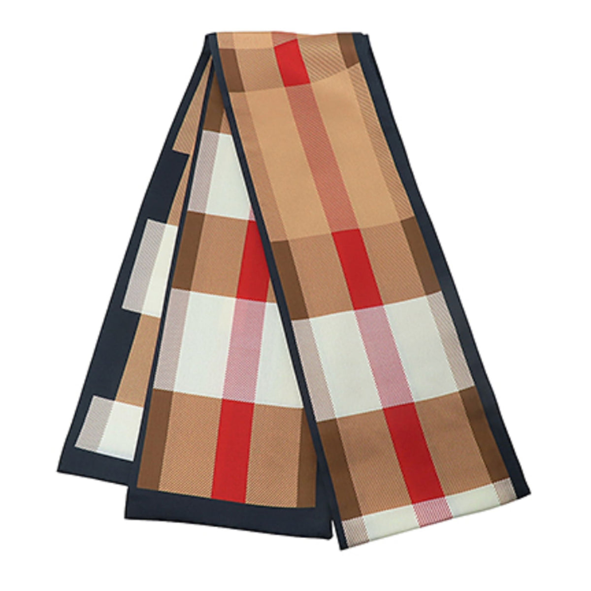 A folded skinny scarf in a tan, red, and cream plaid pattern with navy trim.