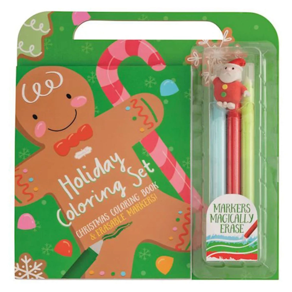 A gingerbread-shaped Holiday Coloring Set package with a Christmas coloring book, three erasable markers, and a Santa figure eraser.