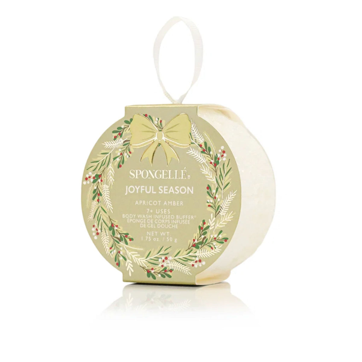 A gold wreath-shaped 'Joyful Season' body buffer box with a cream ribbon, labeled Apricot Amber