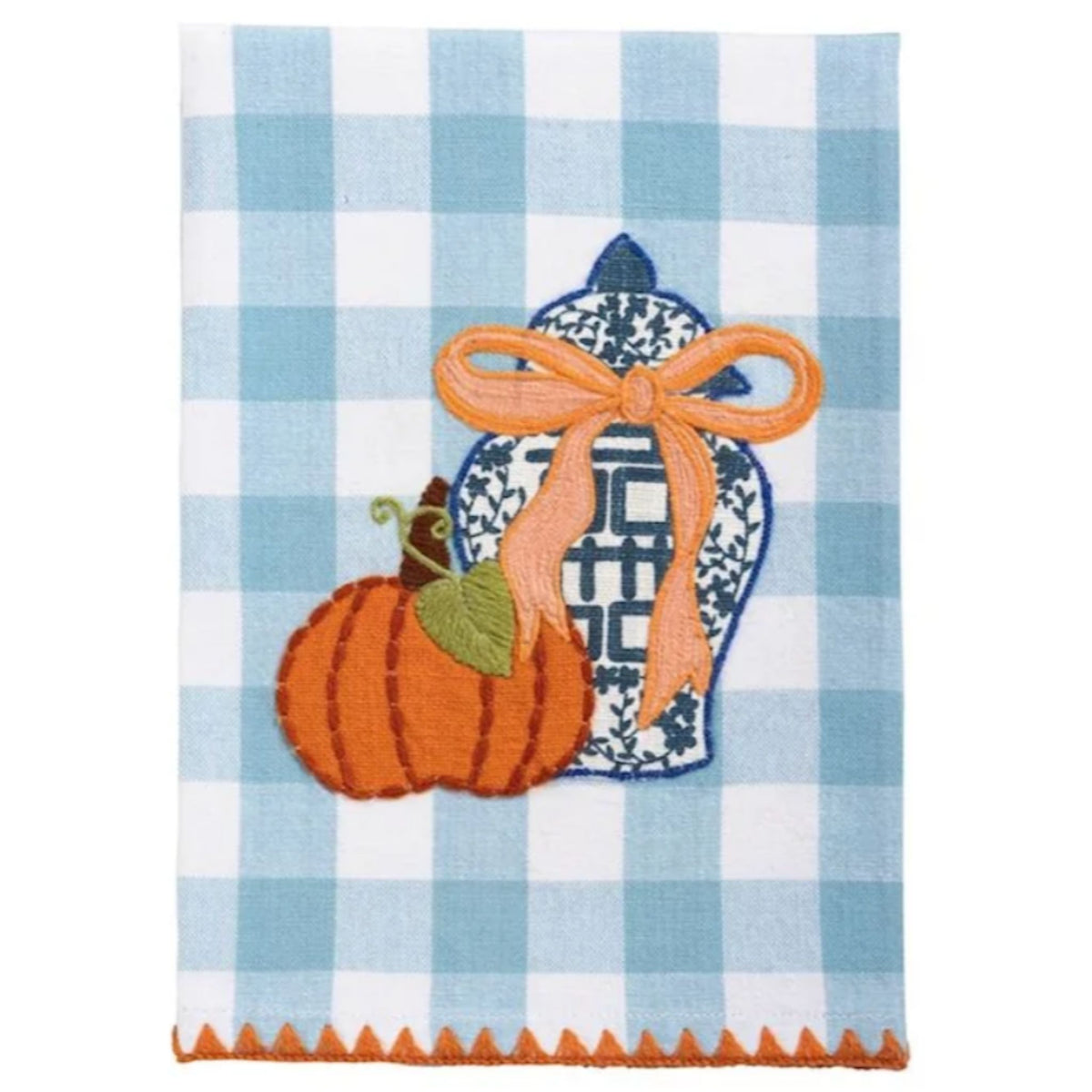 A light blue gingham kitchen towel embroidered with a blue and white ginger jar tied in an orange bow, beside an orange pumpkin, trimmed in orange ric-rac.