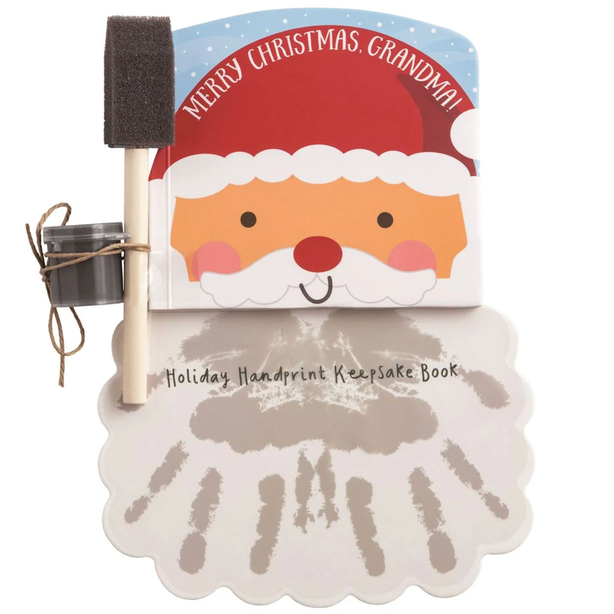 A 'Merry Christmas, Grandma!' Santa-themed handprint keepsake book with a foam brush and small paint pot attached.