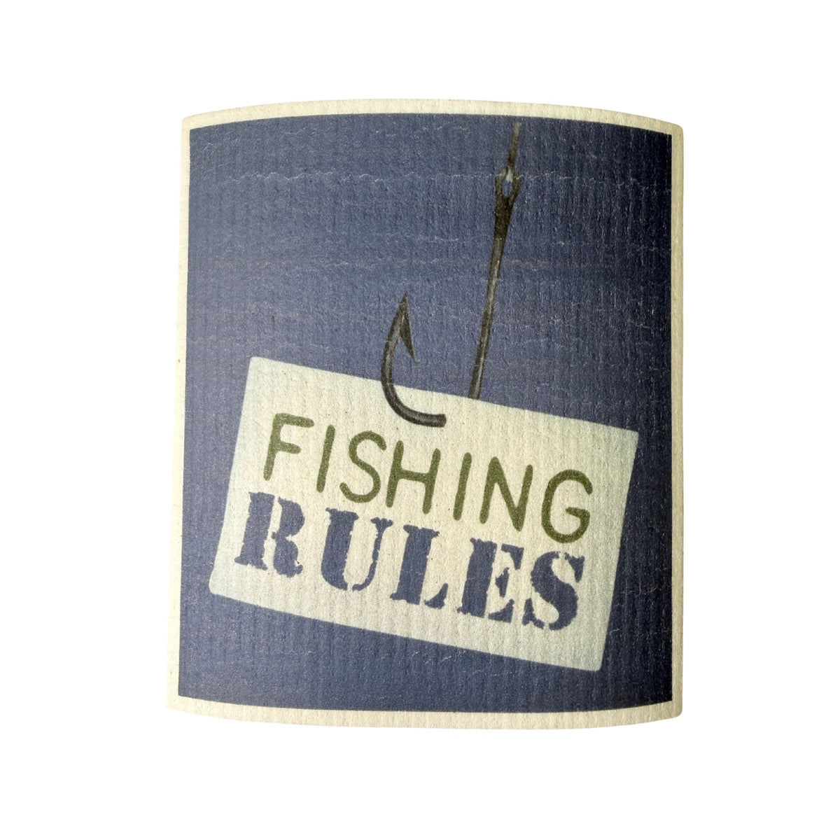 A navy Swedish dishcloth printed with a fishing hook and a tag reading 'Fishing Rules.'