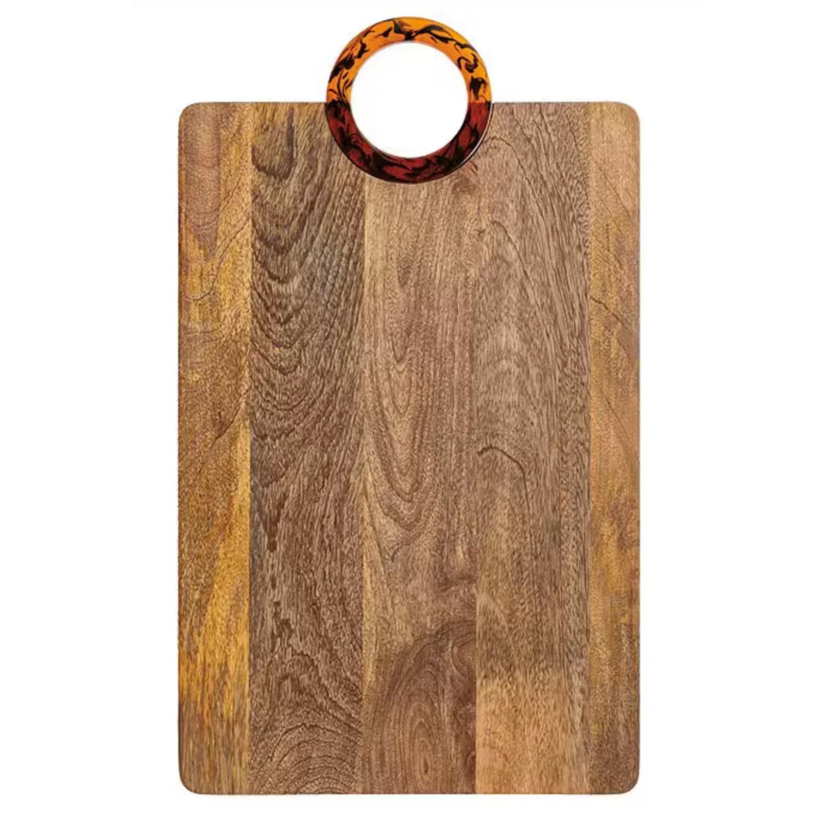 A rectangular mango wood serving board with a tortoise-pattern acrylic ring handle.
