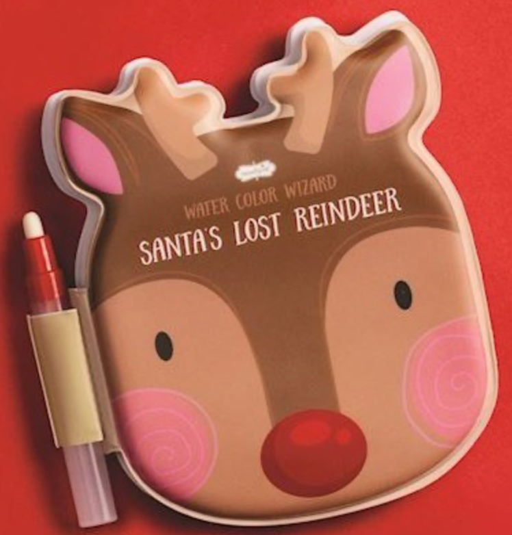 A reindeer-shaped 'Santa's Lost Reindeer' Water Color Wizard book cover with an attached brush, on a red background.