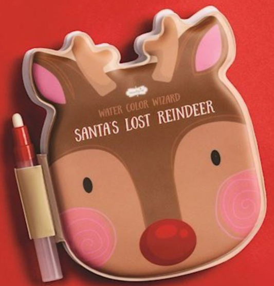 A reindeer-shaped 'Santa's Lost Reindeer' Water Color Wizard book cover with an attached brush, on a red background.