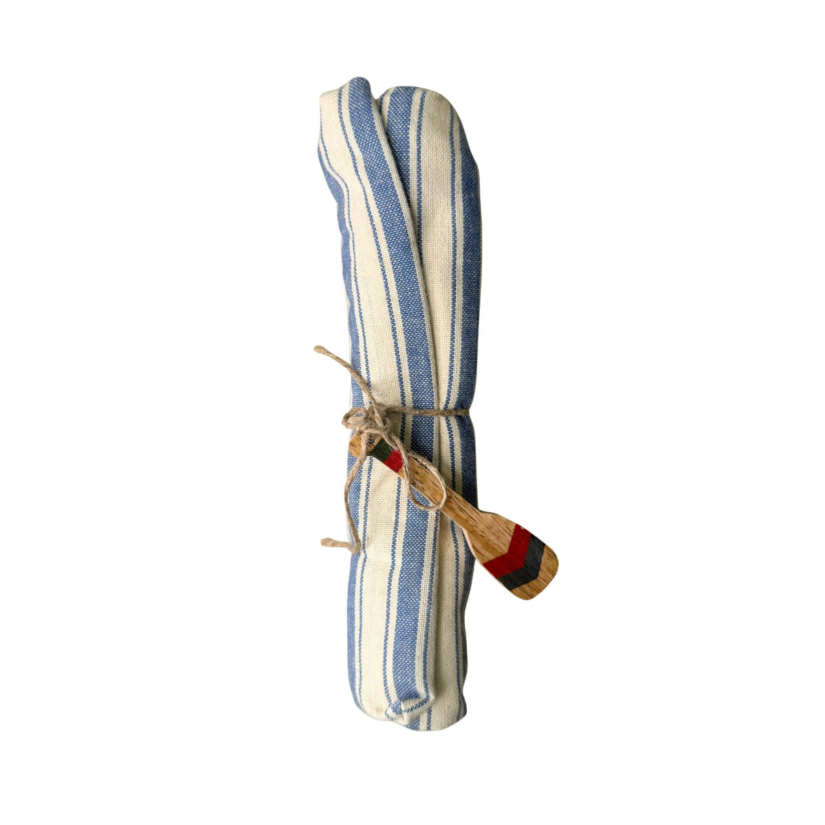 A rolled cream and blue striped linen tea towel tied with jute twine and a hand-painted wooden oar charm.