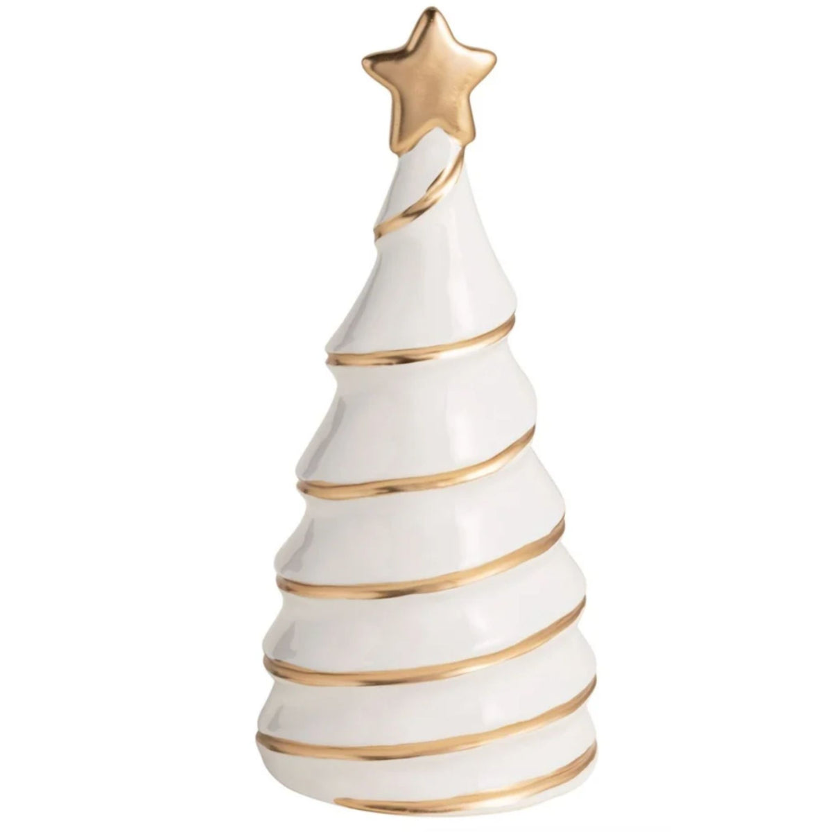 A white ceramic Christmas tree with a spiraling gold ribbon design and a gold star on top.