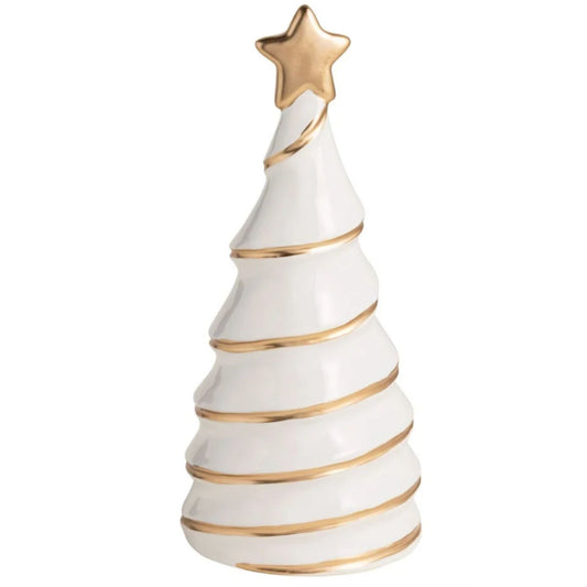 A white ceramic Christmas tree with a spiraling gold ribbon design and a gold star on top.