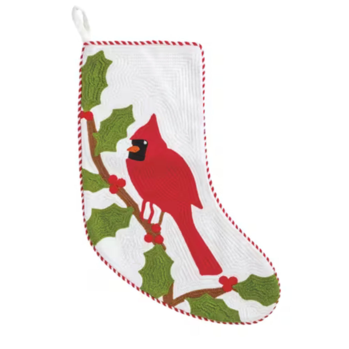 A white Christmas stocking embroidered with a red cardinal perched on a holly branch, trimmed in red and white candy stripe.