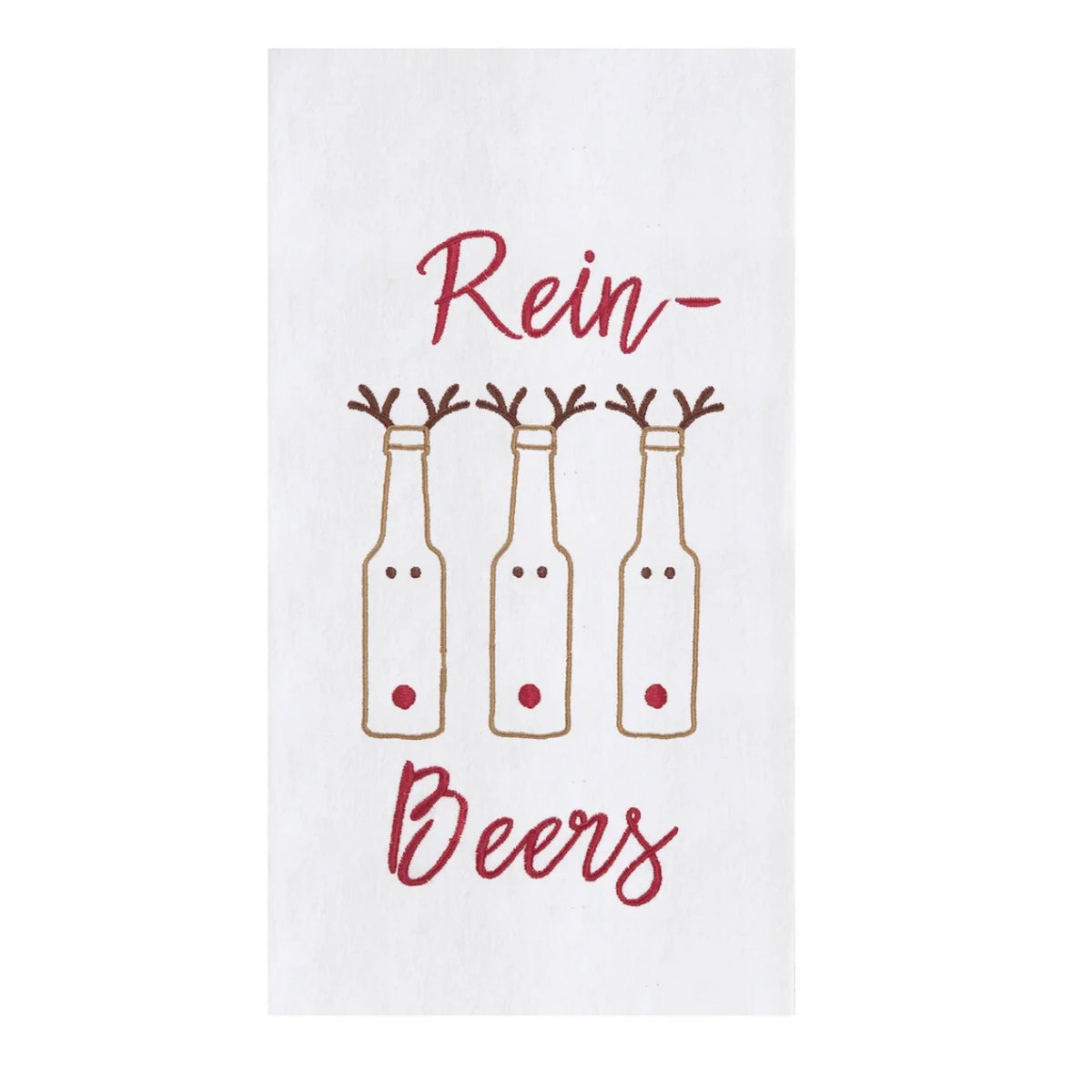 A white flour sack towel embroidered with three beer bottles wearing brown antlers and red noses above the word 'Rein-Beers' in red script.