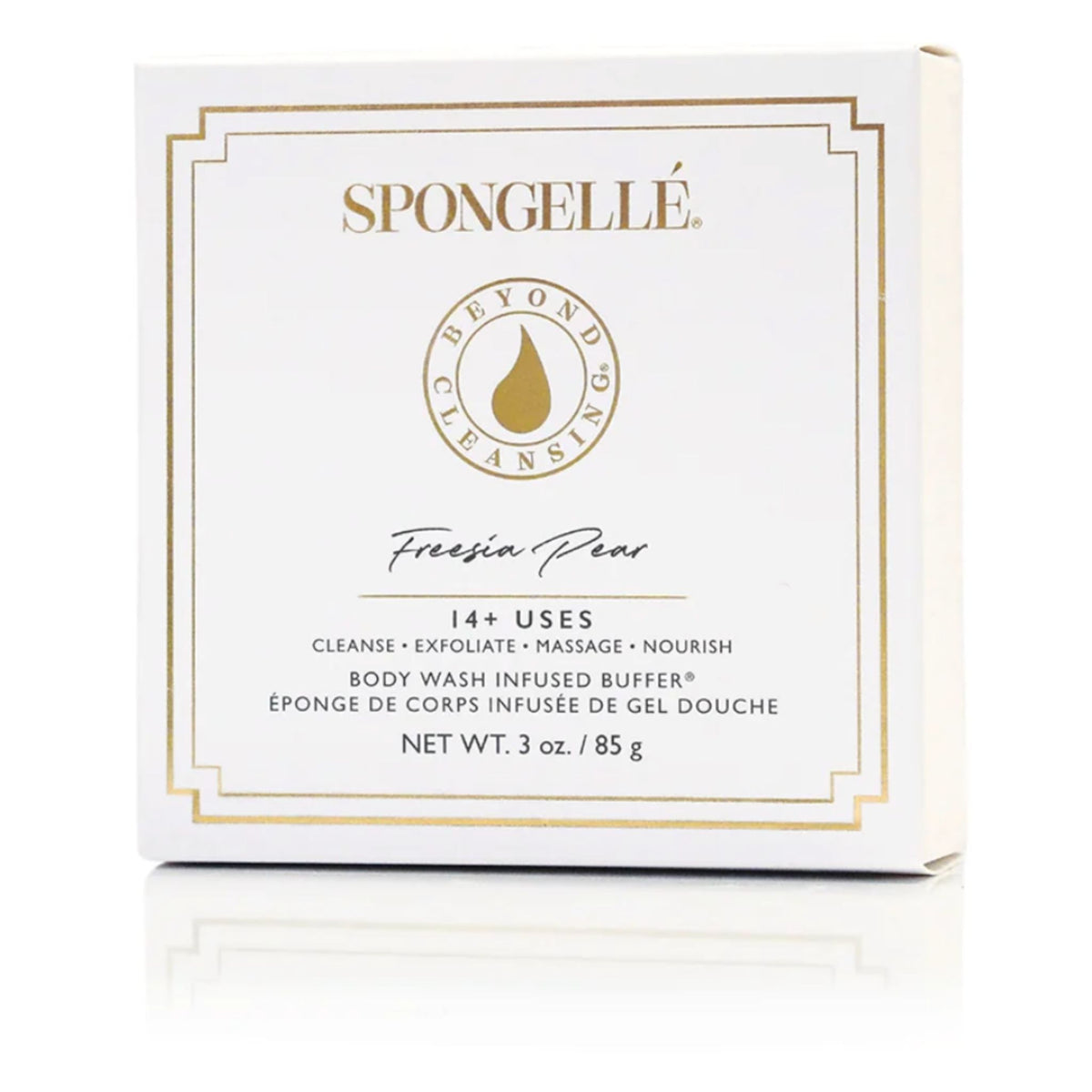 A white gift box labeled Freesia Pear, Beyond Cleansing, 14+ uses