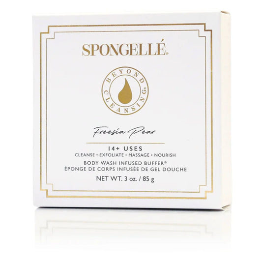 A white gift box labeled Freesia Pear, Beyond Cleansing, 14+ uses
