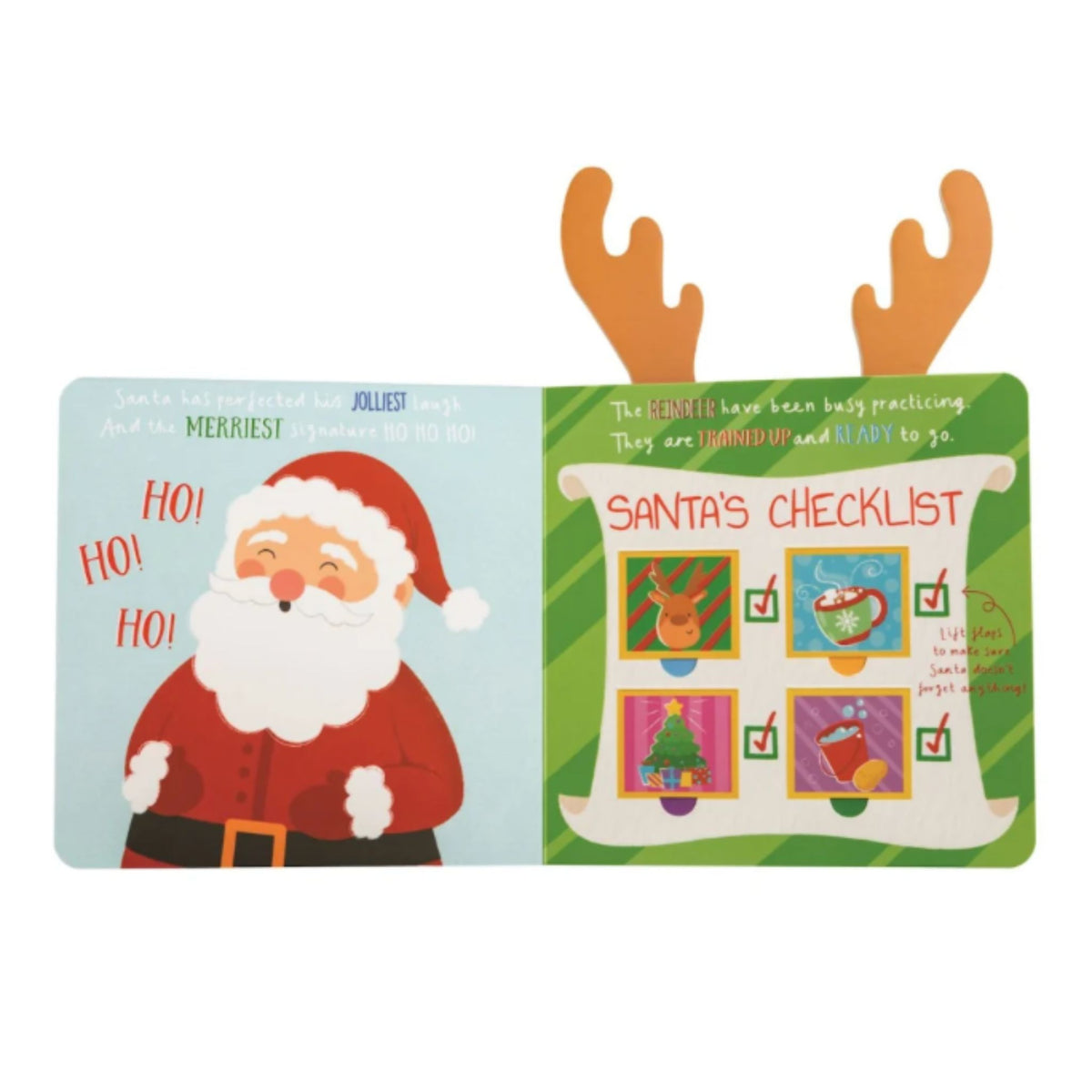 An open children's book page showing Santa saying 'Ho Ho Ho' next to a lift-the-flap 'Santa's Checklist' page with reindeer, cocoa, tree, and stocking icons.
