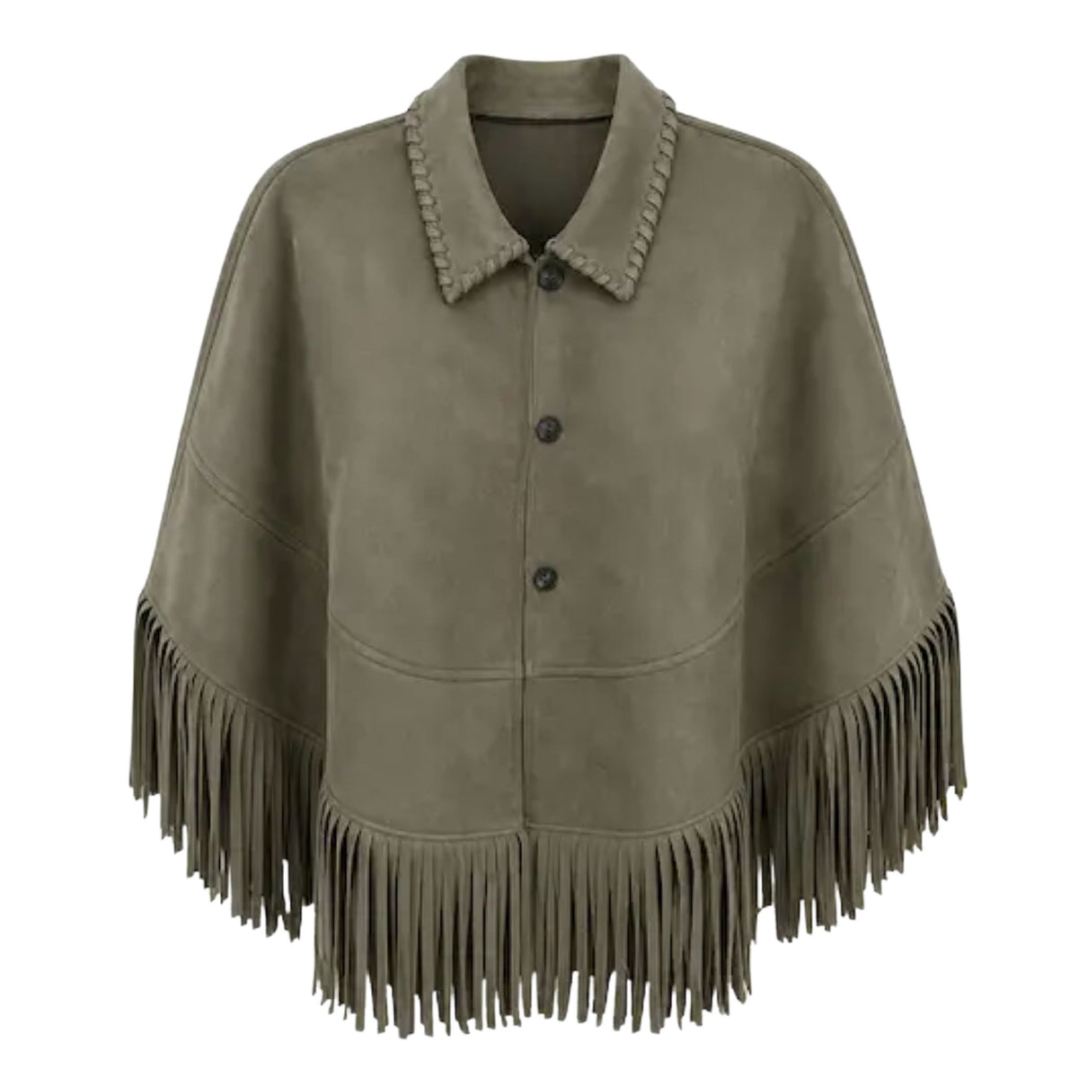 An olive green suede-like cape with a pointed collar, three-button front, and long fringe along the collar and hem, on a plain white background.