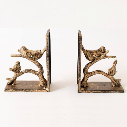 Pair of bird-on-a-branch bookends in distressed antique-gold finish